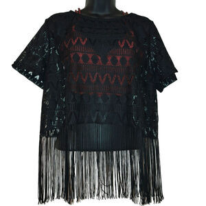 Black Boho Tribal Patterned Lace Tee Shirt With Long Fringe